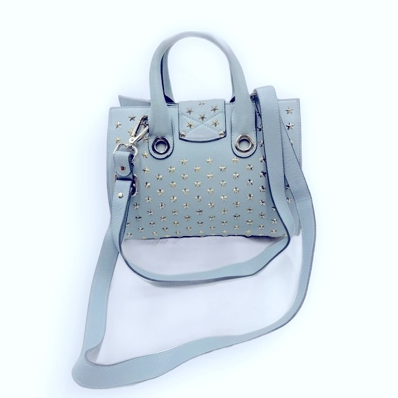Auth Jimmy Choo Light Blue Star Studded 2way Mini Riley Satchel Top Hanfle Tote - Picture 3 of 15